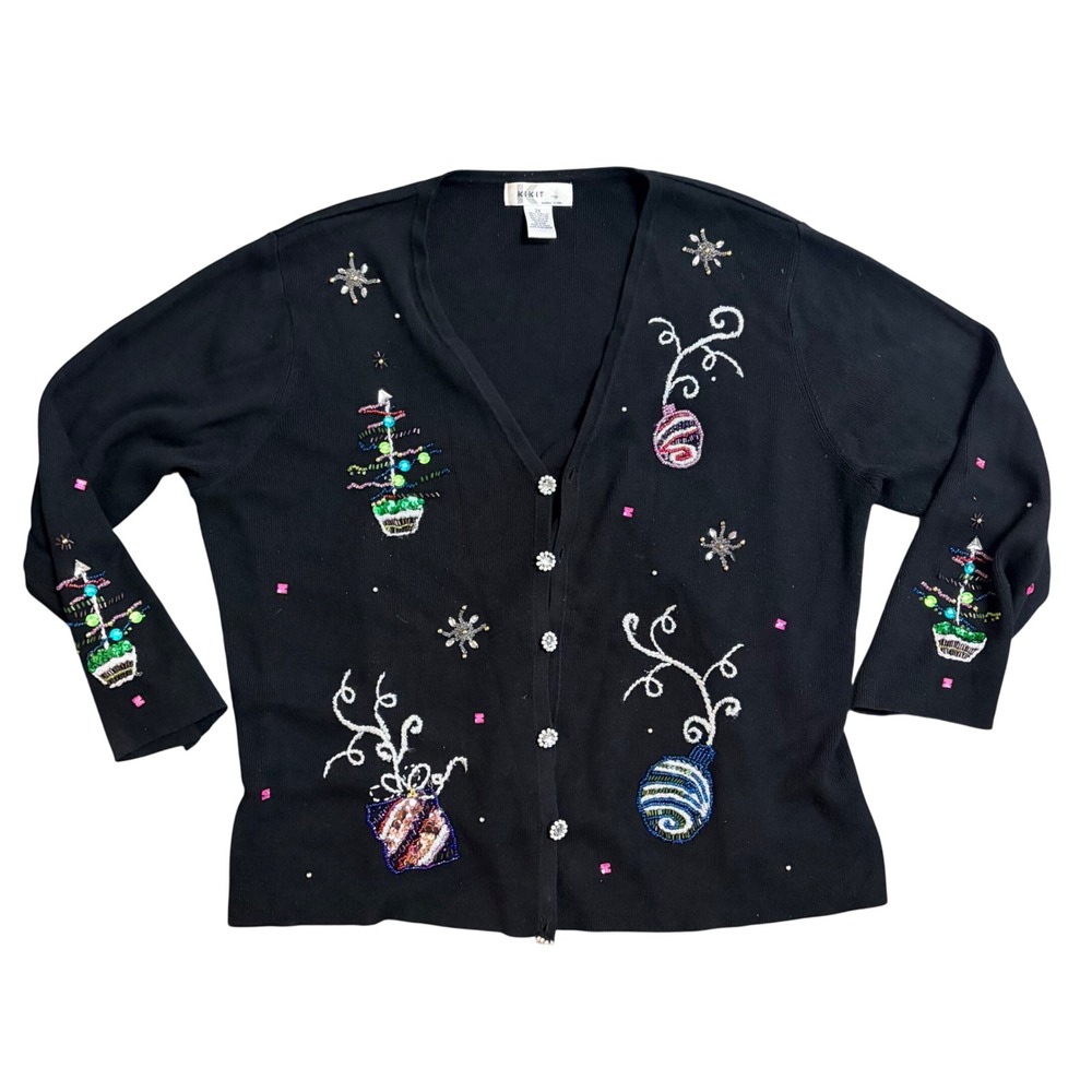 Kikit Too Maurice Sasson Christmas Cardigan Beaded Holiday Sweater 2X Black
